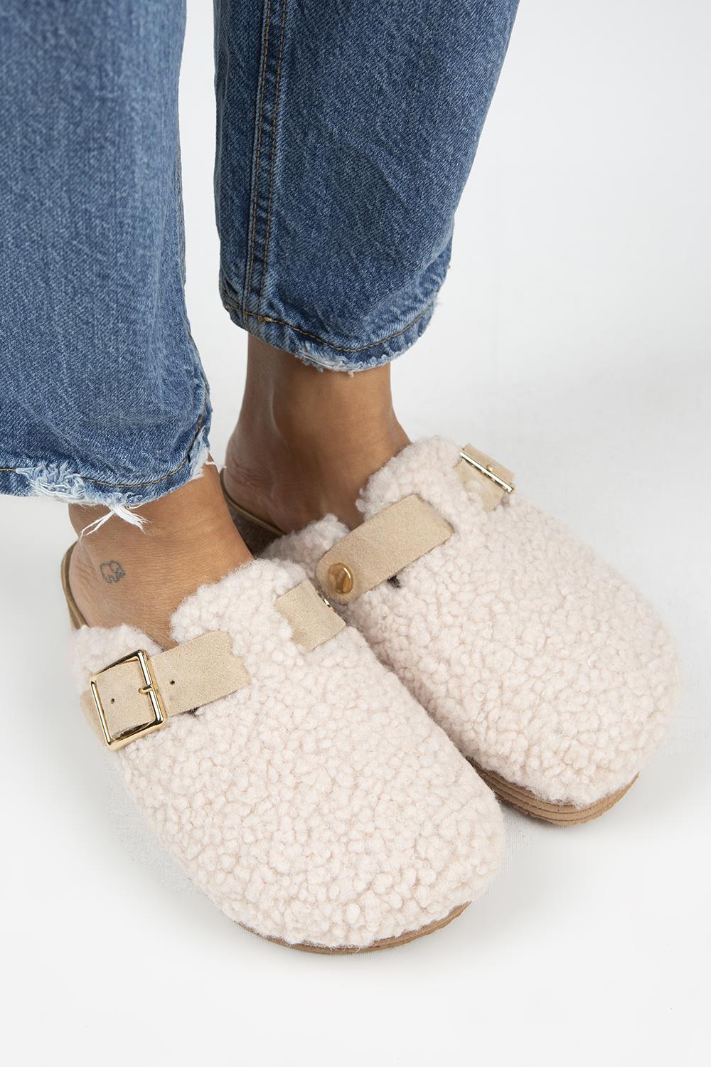 Manijero Juno Kadın Tekstil Kürklü Hakiki Deri Kemerli Tokalı Bej