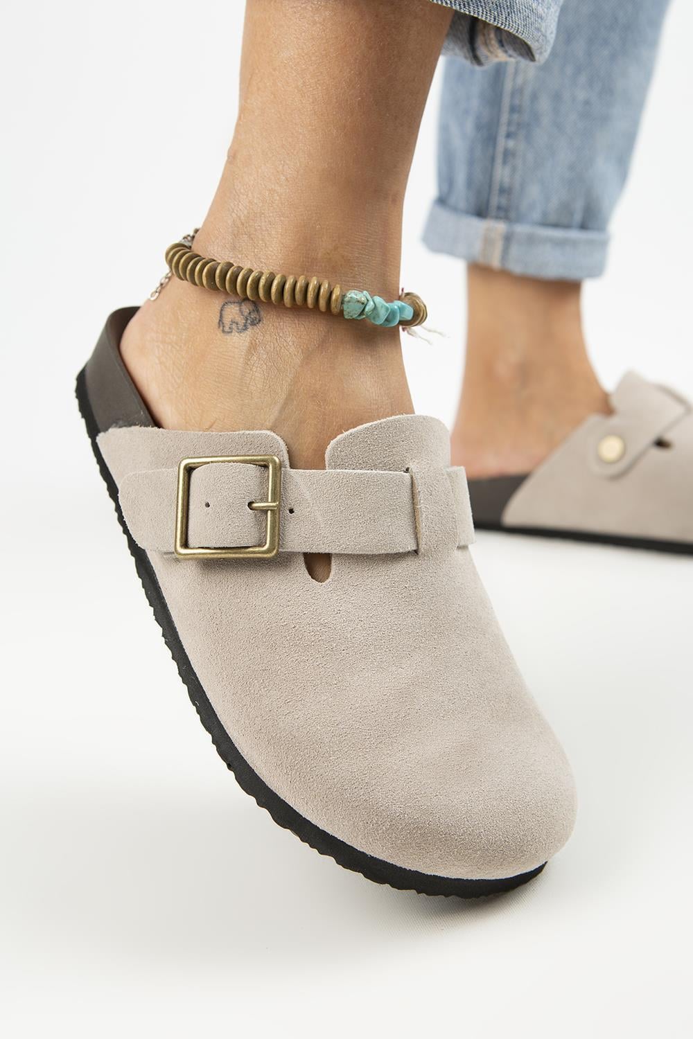 Manijero Zeta 2 Kadın Deri Hakiki Deri Kemerli Tokalı Sabo Bej Terlik