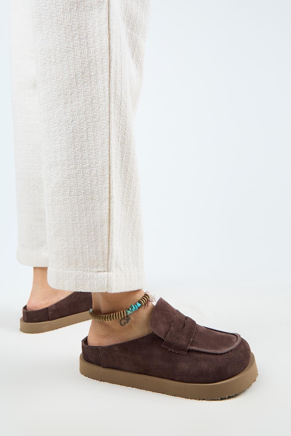 Mari0408 Manijero (Ziva) Kadın Hakiki Deri Loafer Platform Açık Kahve Terlik