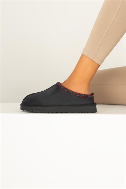 Kadın Ugg Siyah Süet Ultra Mini Nakış Detaylı Kalın Tabanlı Terlik-ayakkabı Bynduggt02