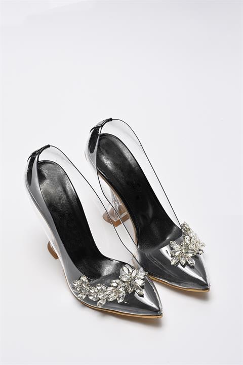 Princess Siyah Şeffaf Taşlı Kadeh Topuklu Ayakkabı