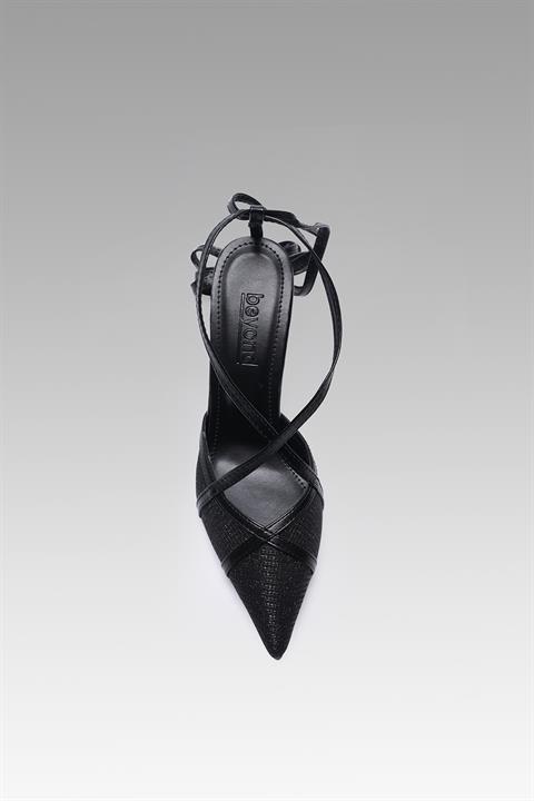 Rafles Bilekten Bağlamalı Topuklu Ayakkabı Parlak Siyah