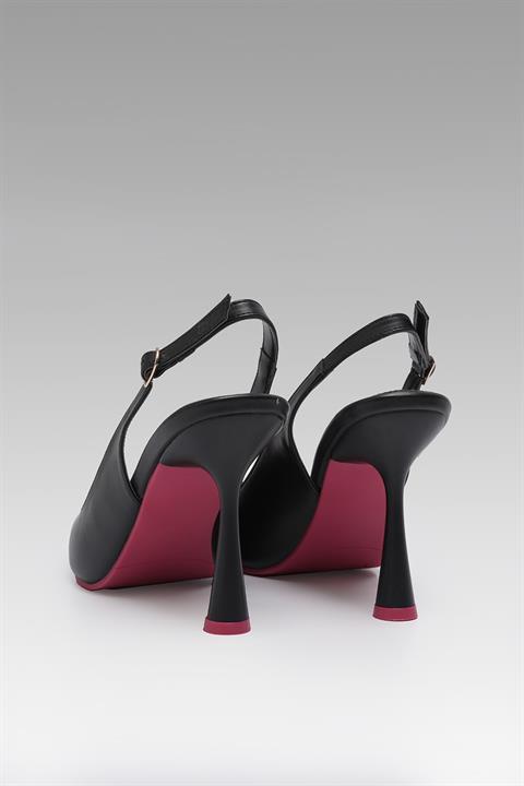 Renkli Tabanlı Sivri Burun Bilekten Bağlı Arkası Açık Stiletto Kadın Topuklu Ayakkabı Siyah Deri