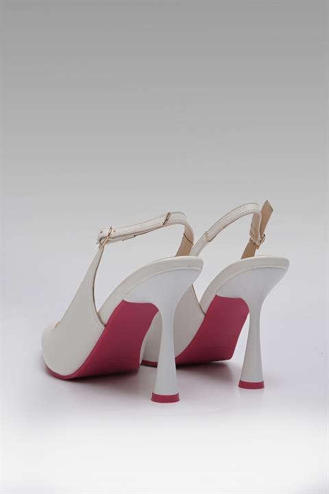 Renkli Tabanlı Sivri Burun Bilekten Bağlı Arkası Açık Stiletto Kadın Topuklu Ayakkabı Beyaz Deri