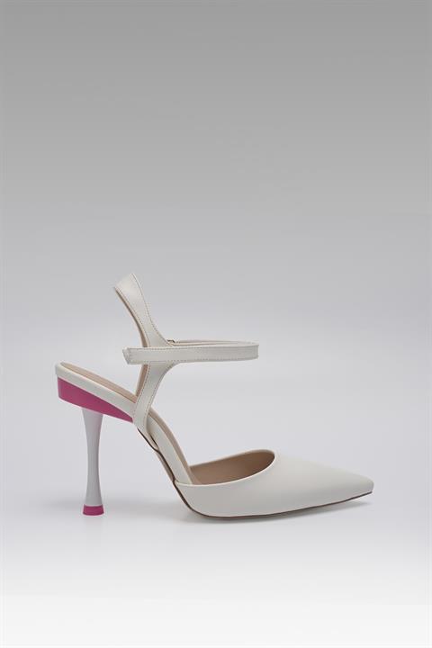 Renkli Topuk Detaylı Sivri Burun Bilekten Bağlı Kadın Stiletto Topuklu Ayakkabı Beyaz Deri