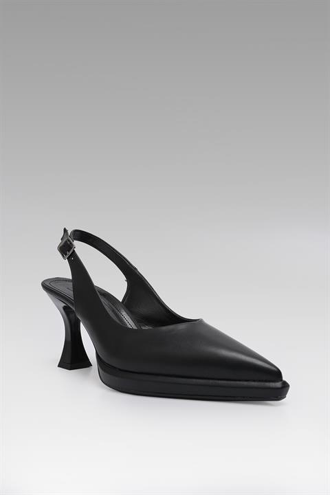 Samara Sivri Burun Topuklu Ayakkabı Siyah Deri