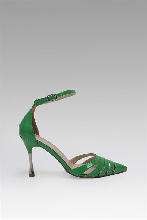 Sivri Burun Bilekten Bağlı Stiletto Kadın Abiye Ayakkabı Çam Yeşili Rugan