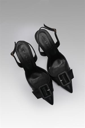 Kare Tokalı Sivri Burun Arkası Açık Kadın Stiletto Ayakkabı Siyah Deri
