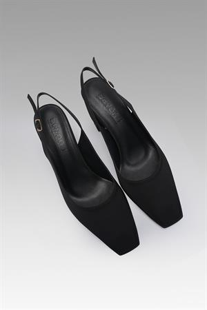 Küt Burunlu Kalın Topuklu Bilekten Bağlı Arkası Açık Kadın Topuklu Ayakkabı Siyah Saten