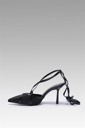 Rafles Bilekten Bağlamalı Topuklu Ayakkabı Parlak Siyah