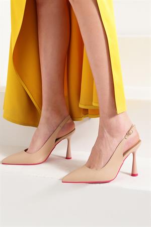 Renkli Tabanlı Sivri Burun Bilekten Bağlı Arkası Açık Stiletto Kadın Topuklu Ayakkabı Bej Deri