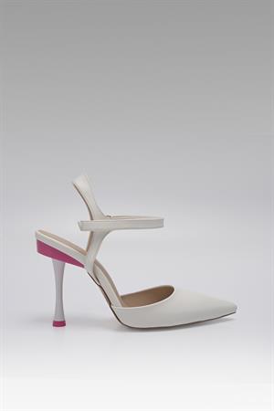 Renkli Topuk Detaylı Sivri Burun Bilekten Bağlı Kadın Stiletto Topuklu Ayakkabı Beyaz Deri