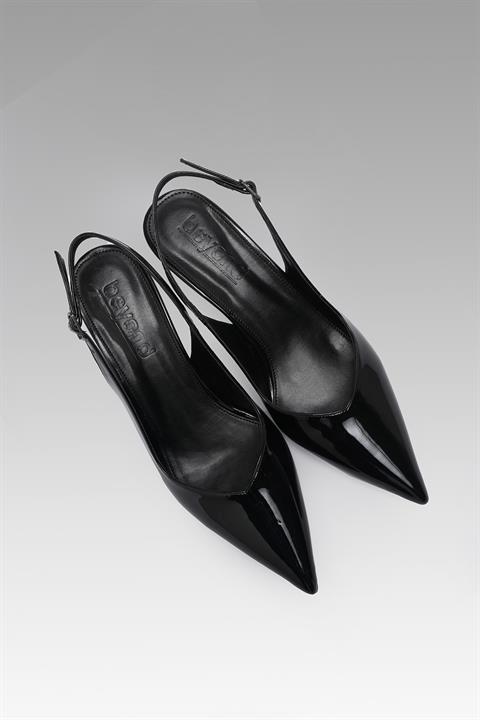 Yuvarlak Topuklu Sivri Burun Bilekten Tokalı Arkası Açık Topuklu Kadın Ayakkabı Siyah Rugan