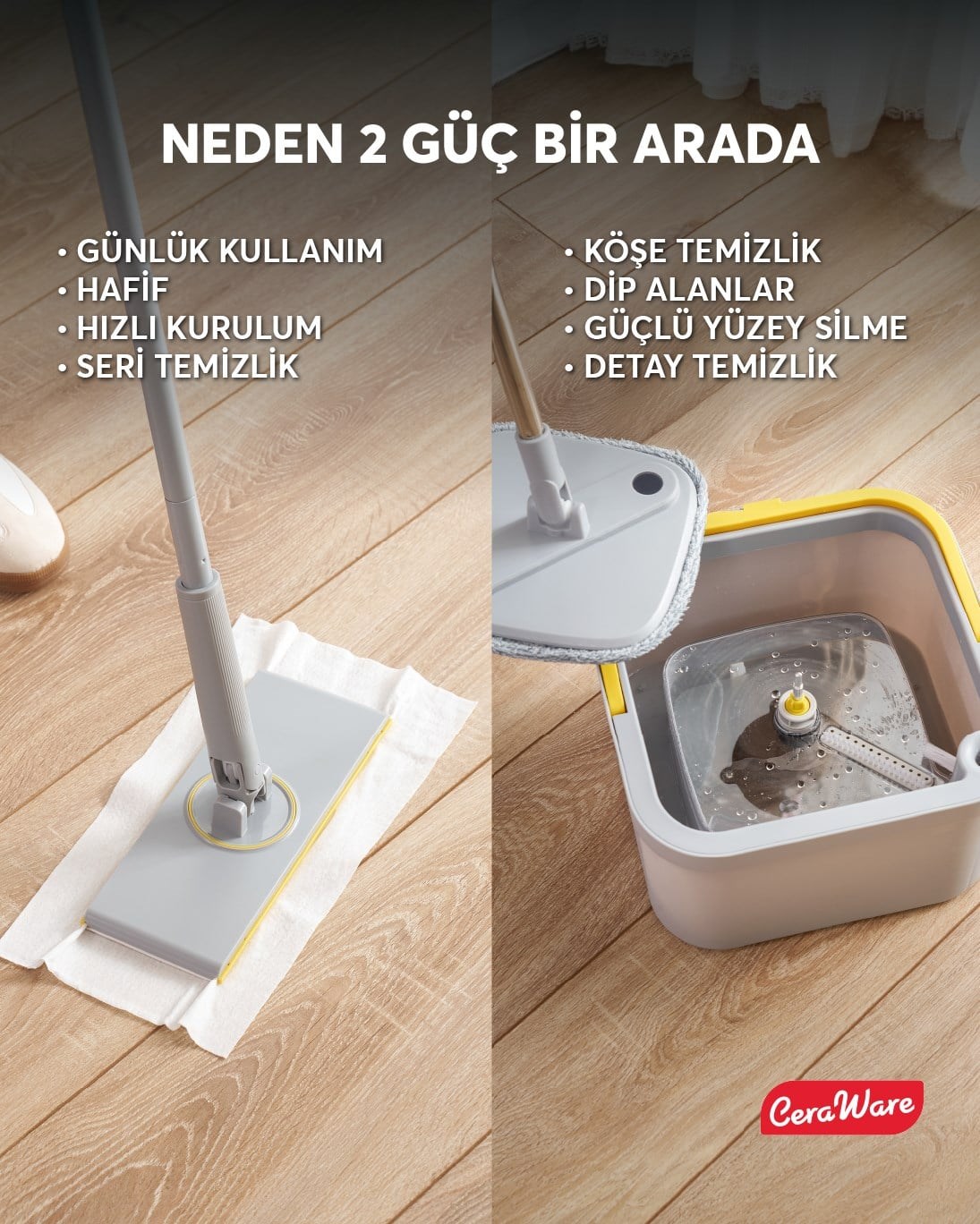 Ceraware Home Care Premium Hijyen Seti Dual System Kare Mop Pratica Click Mop 2 Mikrofiber Bez