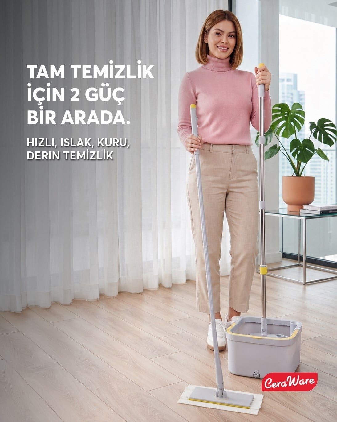 Ceraware Home Care Premium Hijyen Seti Dual System Kare Mop Pratica Click Mop 2 Mikrofiber Bez