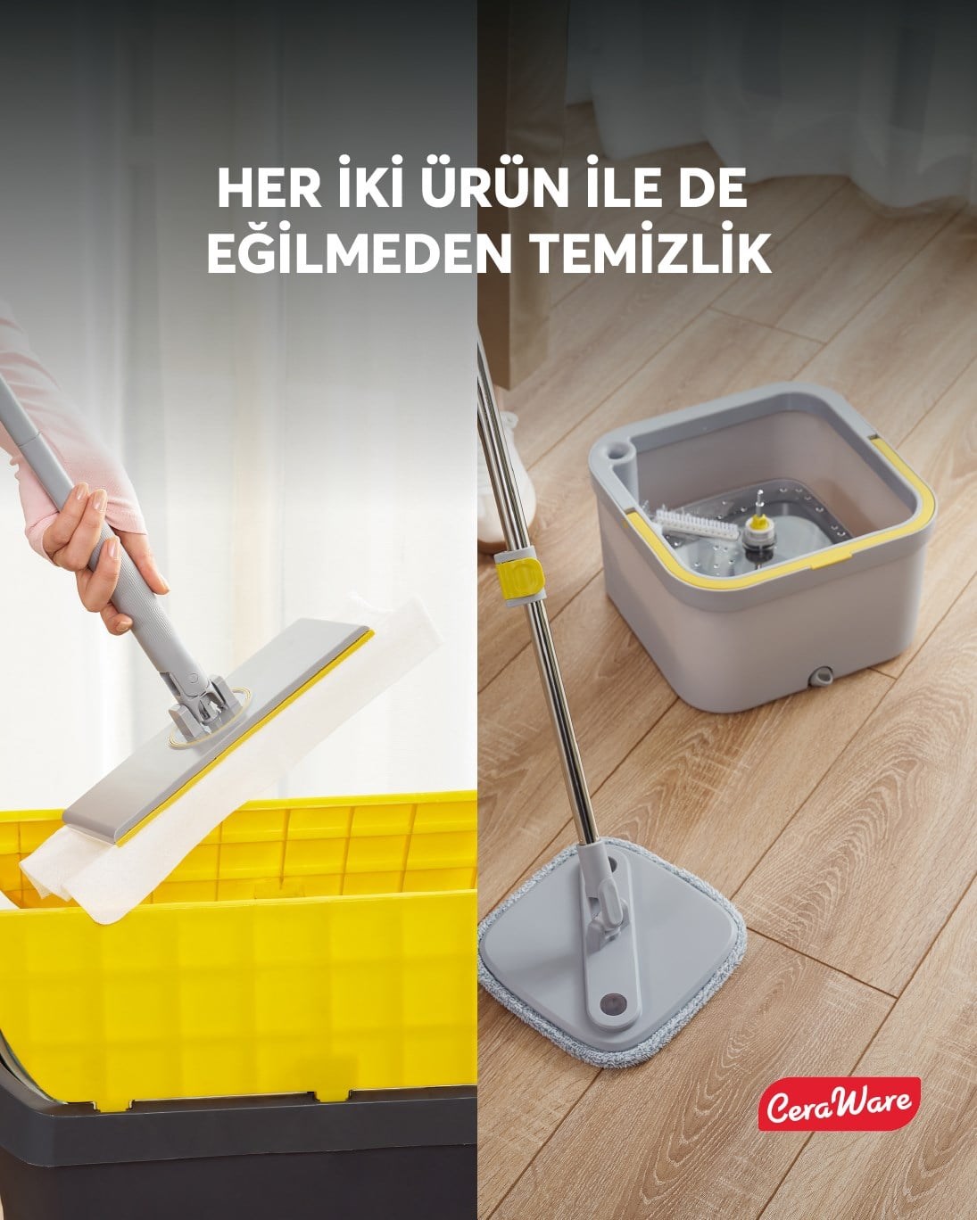 Ceraware Home Care Premium Hijyen Seti Dual System Kare Mop Pratica Click Mop 2 Mikrofiber Bez