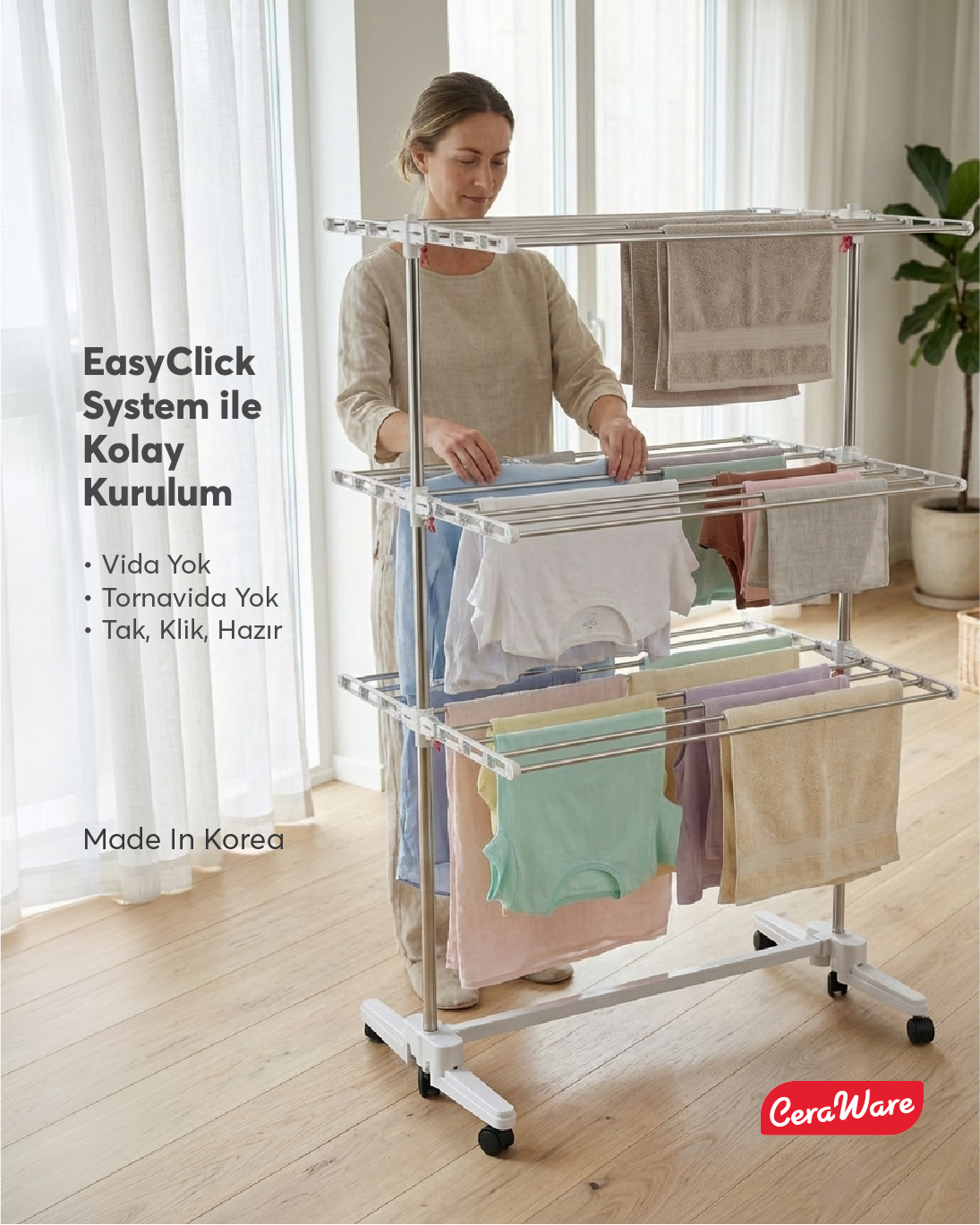 Ceraware Home Lite Premium 3 Katlı Çamaşırlık Made in Korea Tekerlekli Çamaşır Kurutmalık Eco Gri