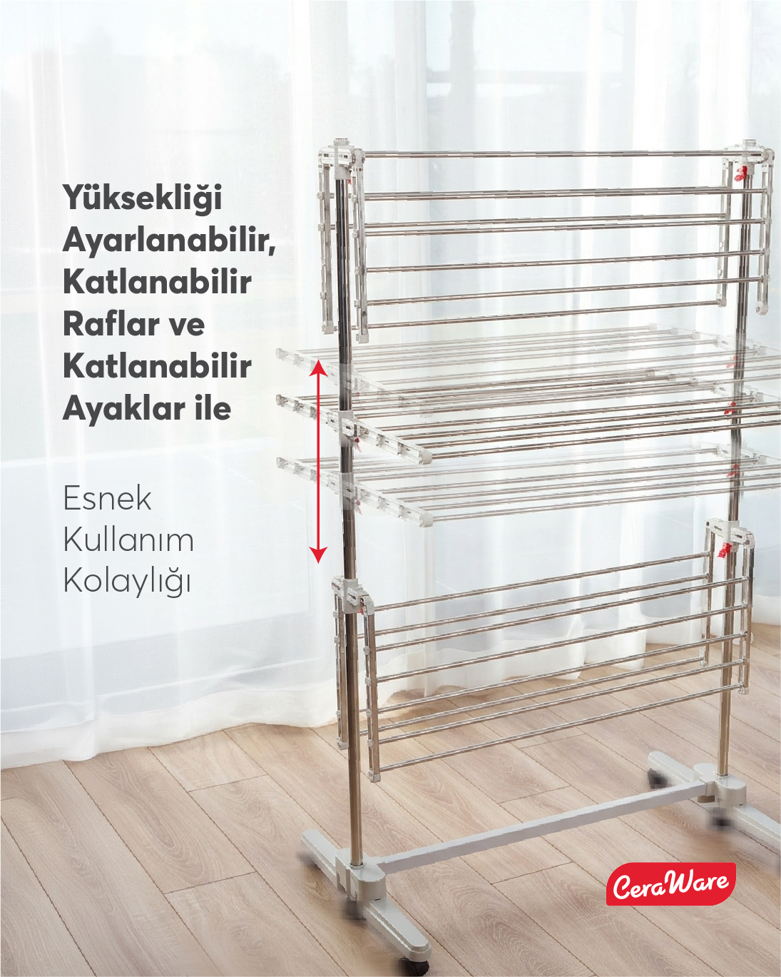 Ceraware Home Lite Premium 3 Katlı Çamaşırlık Made in Korea Tekerlekli Çamaşır Kurutmalık Eco Gri