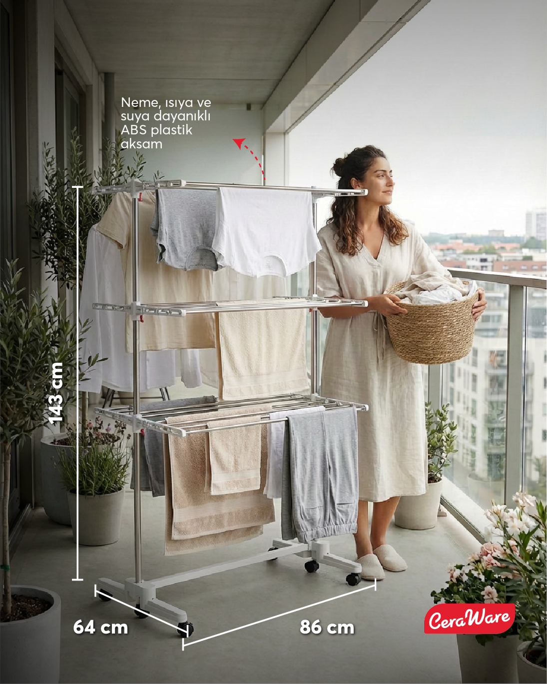 Ceraware Home Lite Premium 3 Katlı Çamaşırlık Made in Korea Tekerlekli Çamaşır Kurutmalık Eco Gri