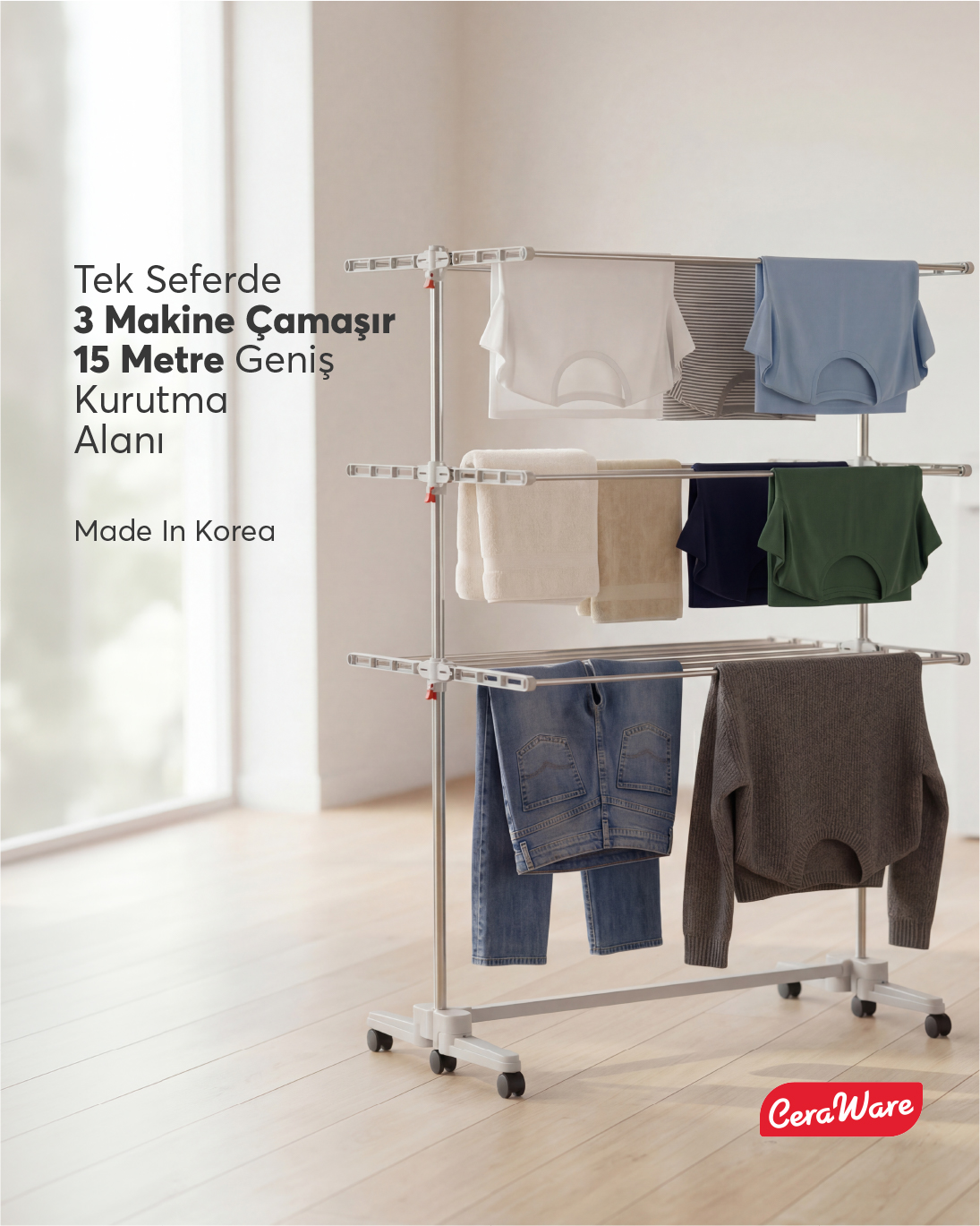 Ceraware Home Lite Premium 3 Katlı Çamaşırlık Made in Korea Tekerlekli Çamaşır Kurutmalık Eco Gri