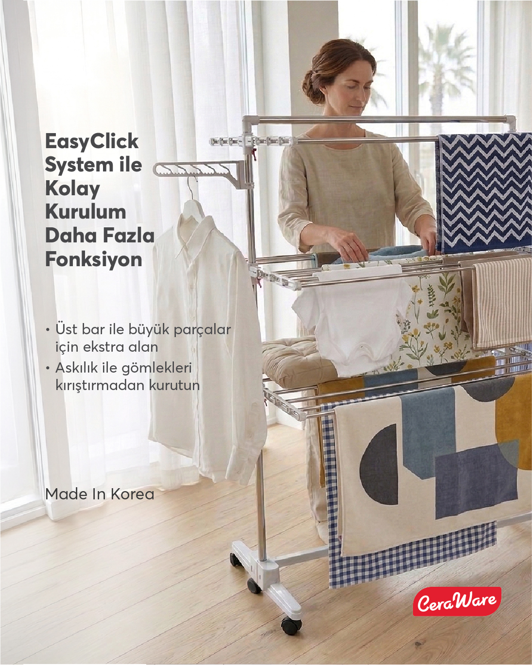 Ceraware Home S3 Premium 3 Katlı Çamaşırlık Made in Korea Tam Katlanır Tekerlekli Çamaşır Kurutmalık
