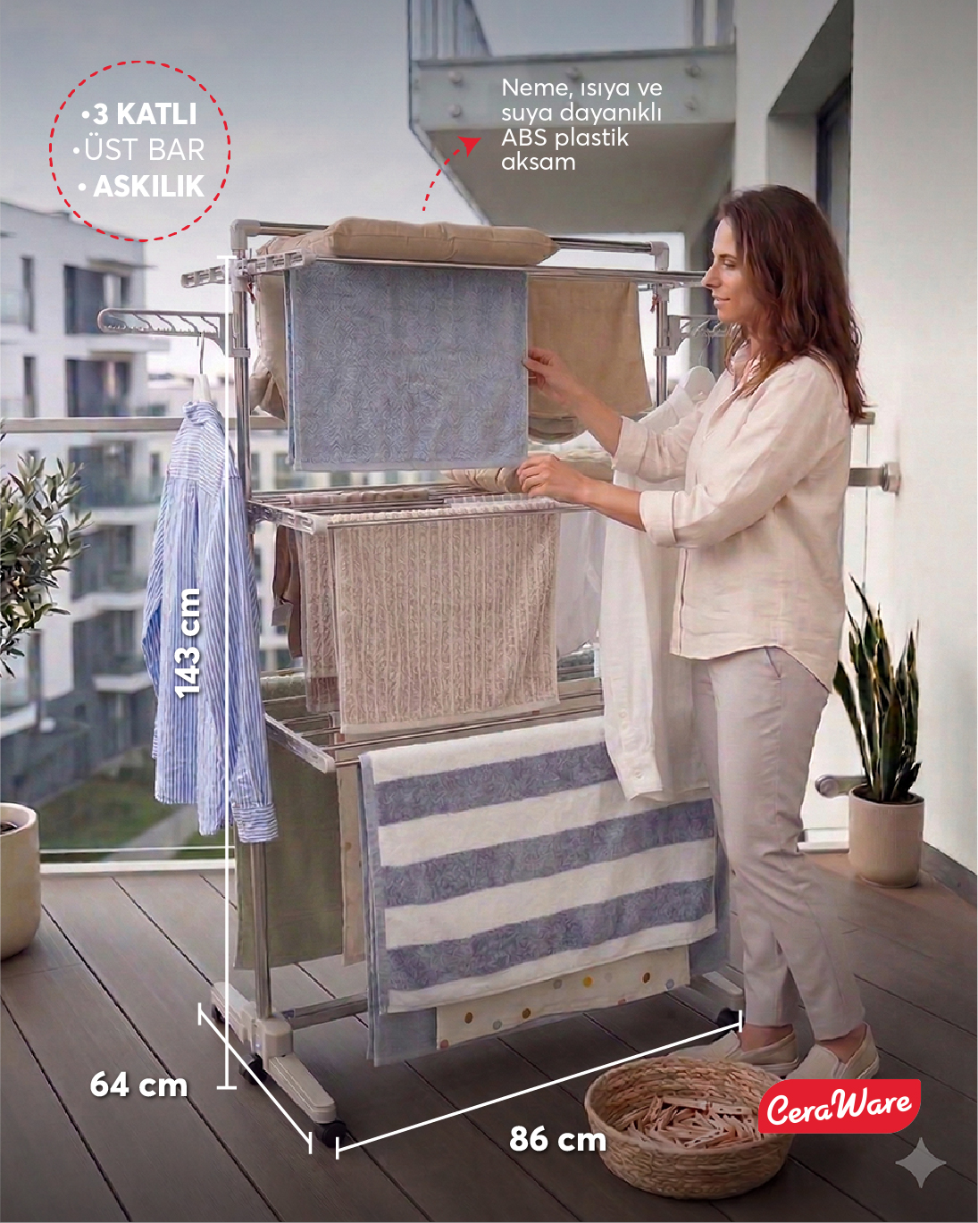 Ceraware Home S3 Premium 3 Katlı Çamaşırlık Made in Korea Tam Katlanır Tekerlekli Çamaşır Kurutmalık
