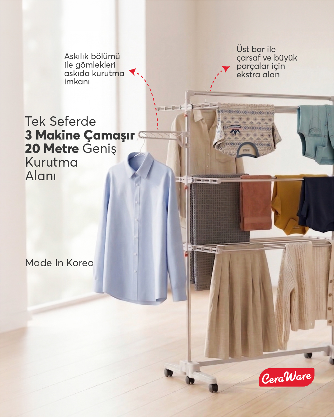 Ceraware Home S3 Premium 3 Katlı Çamaşırlık Made in Korea Tam Katlanır Tekerlekli Çamaşır Kurutmalık