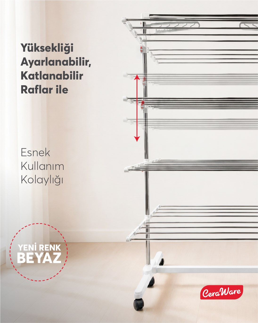 Ceraware Home S4 Premium 4 Katlı BEYAZ Çamaşırlık Made in Korea Tam Katlanır Tekerlekli Çamaşır Kurutmalık