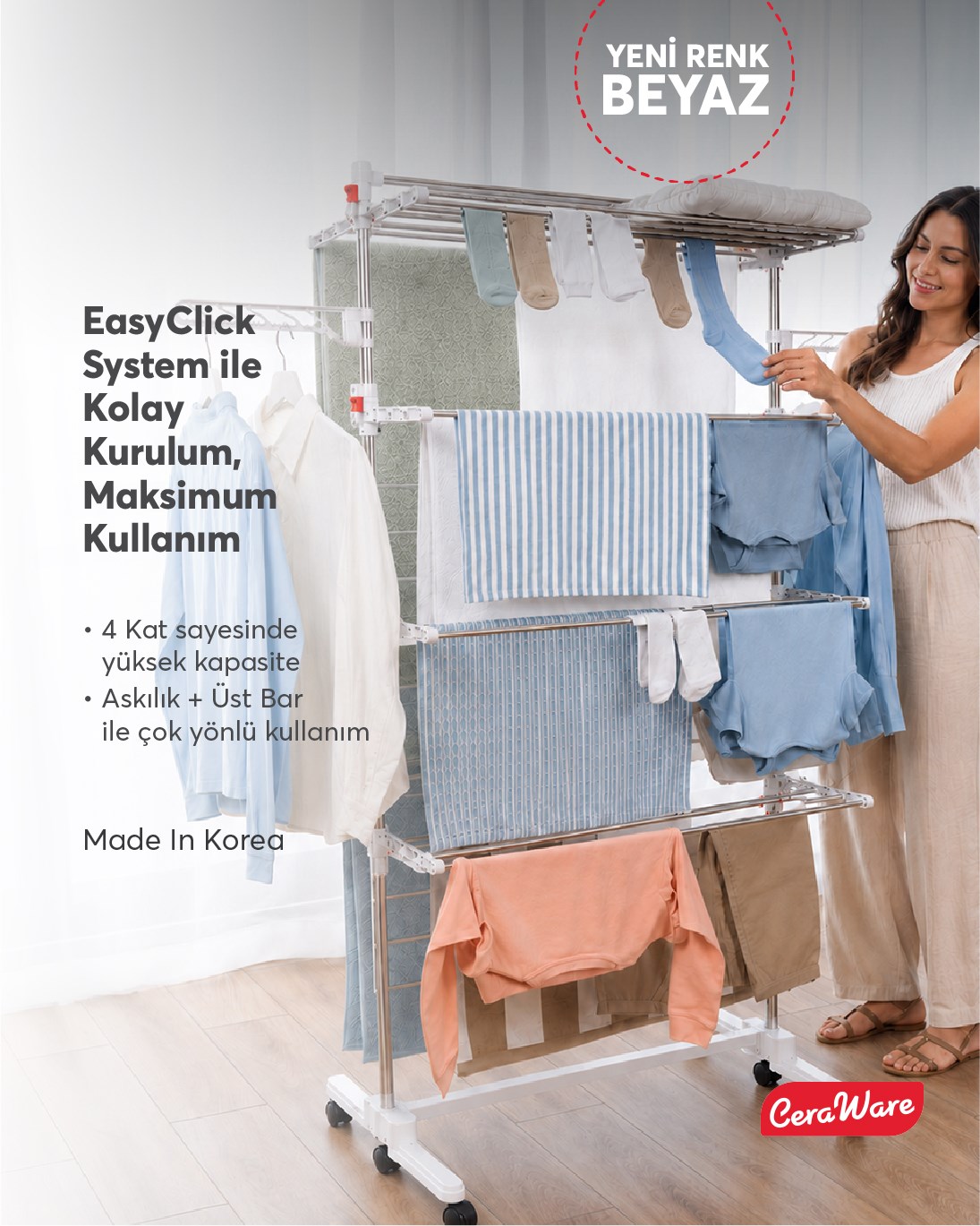 Ceraware Home S4 Premium 4 Katlı BEYAZ Çamaşırlık Made in Korea Tam Katlanır Tekerlekli Çamaşır Kurutmalık