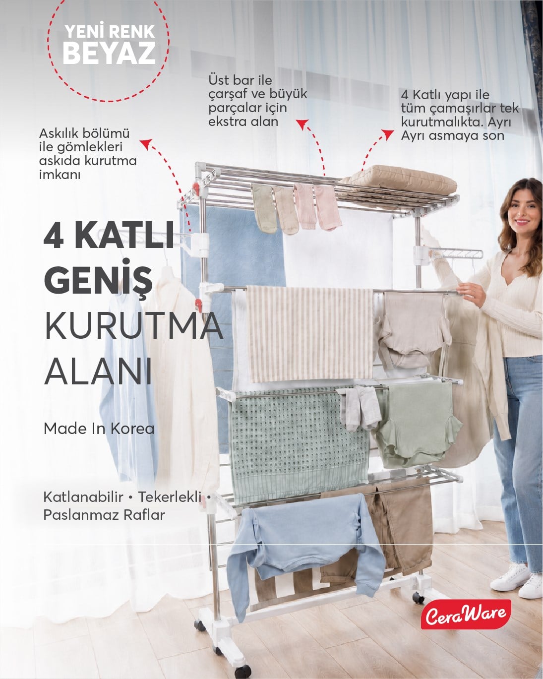 Ceraware Home S4 Premium 4 Katlı BEYAZ Çamaşırlık Made in Korea Tam Katlanır Tekerlekli Çamaşır Kurutmalık