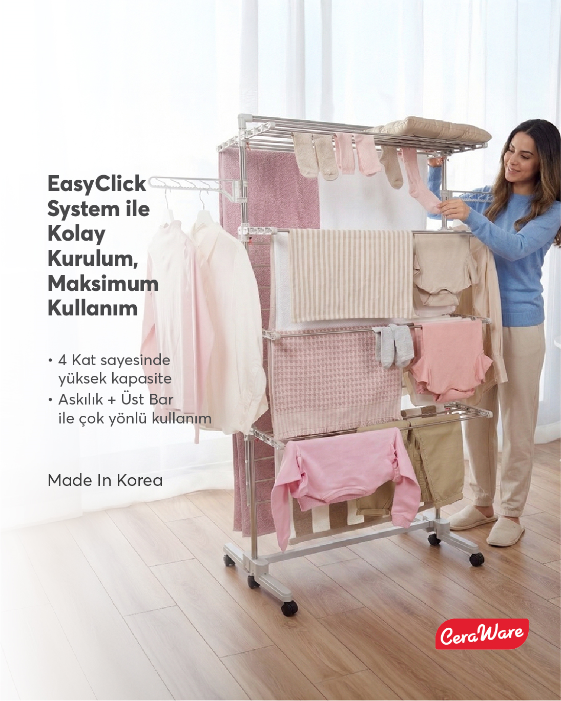 Ceraware Home S4 Premium 4 Katlı Çamaşırlık Made in Korea Tam Katlanır Tekerlekli Çamaşır Kurutmalık