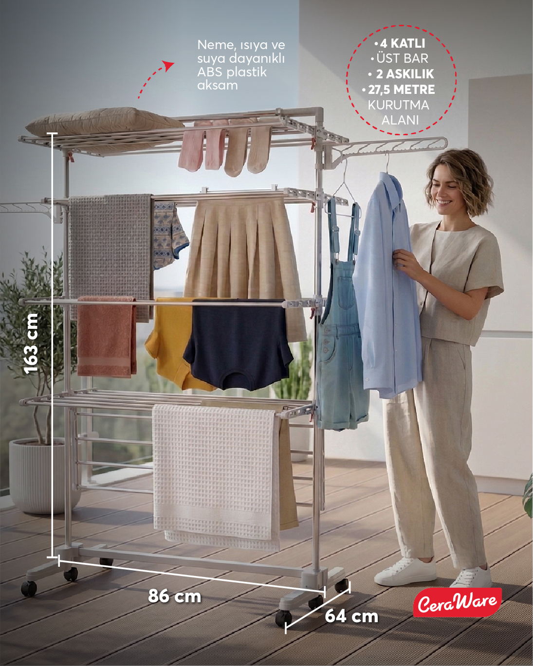 Ceraware Home S4 Premium 4 Katlı Çamaşırlık Made in Korea Tam Katlanır Tekerlekli Çamaşır Kurutmalık