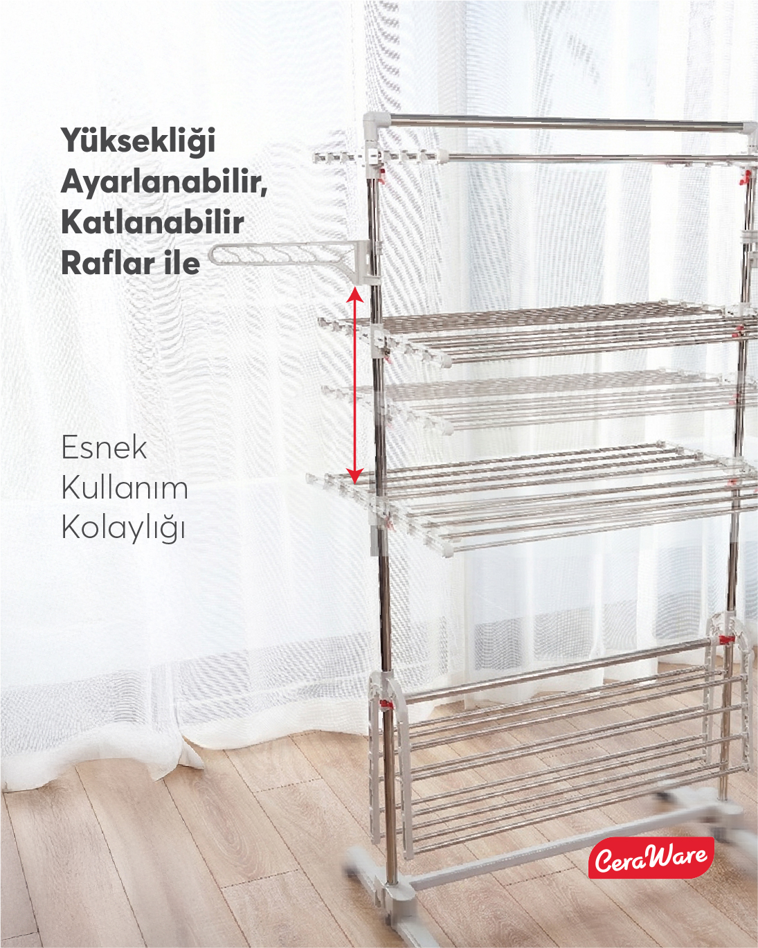 Ceraware Home S4 Premium 4 Katlı Çamaşırlık Made in Korea Tam Katlanır Tekerlekli Çamaşır Kurutmalık