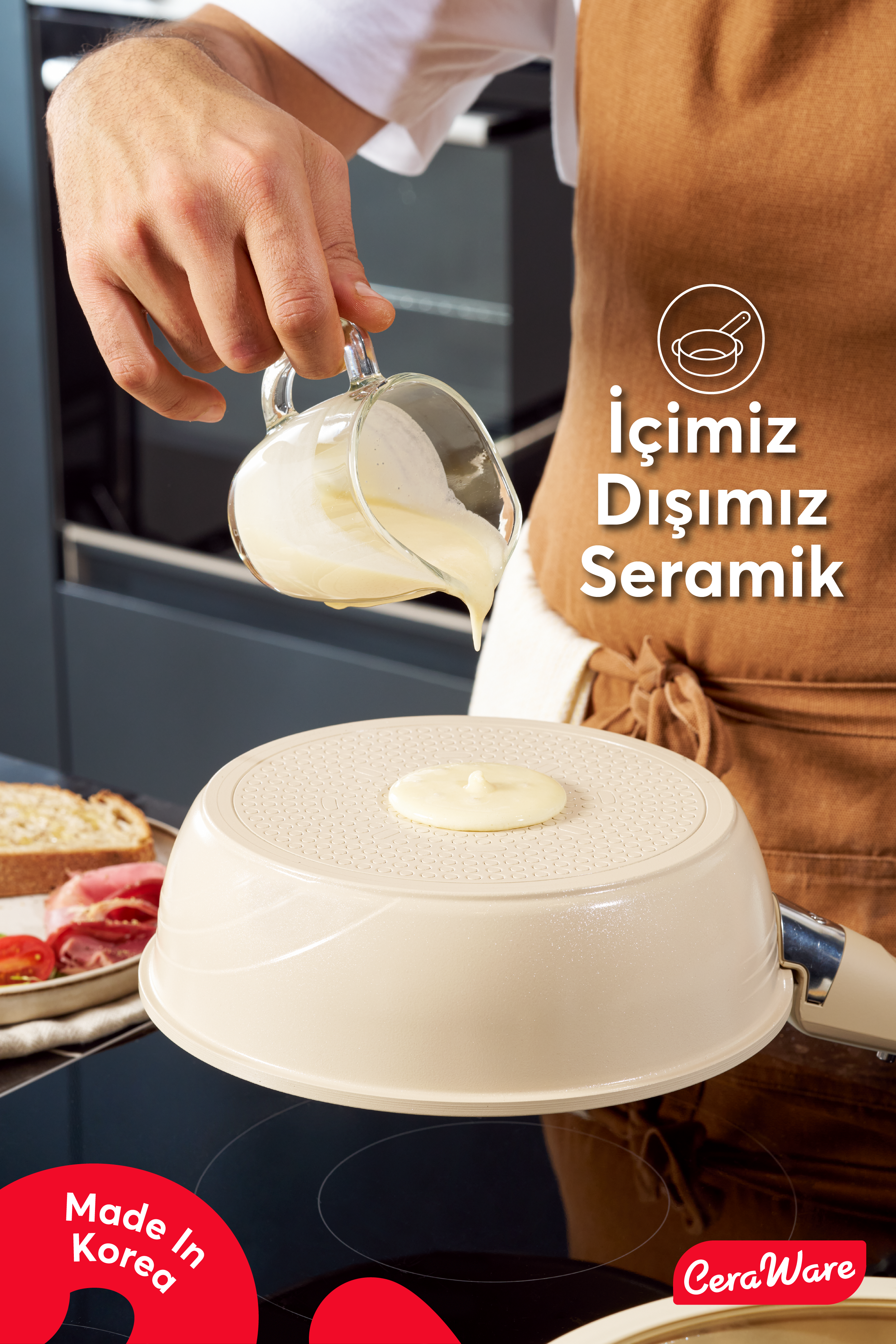 Ceraware Hona Made in Korea Seramik Yapışmaz Tencere Tava Seti 9 Parça Tak Çıkar Saplı İç İçe Geçebilen Set Bej