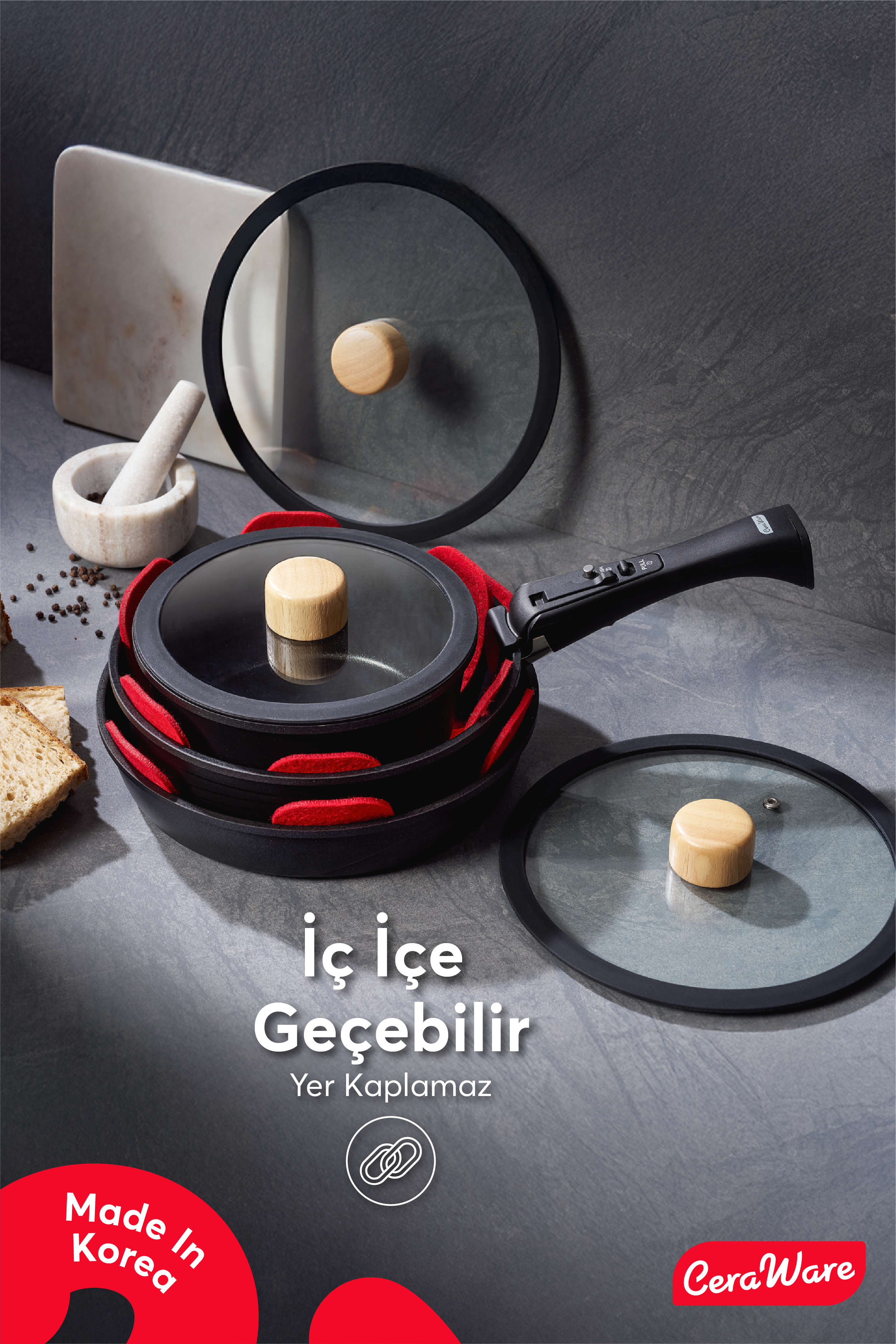Ceraware Hona Made in Korea Seramik Yapışmaz Tencere Tava Seti 9 Parça Tak Çıkar Saplı İç İçe Geçebilen Set Siyah