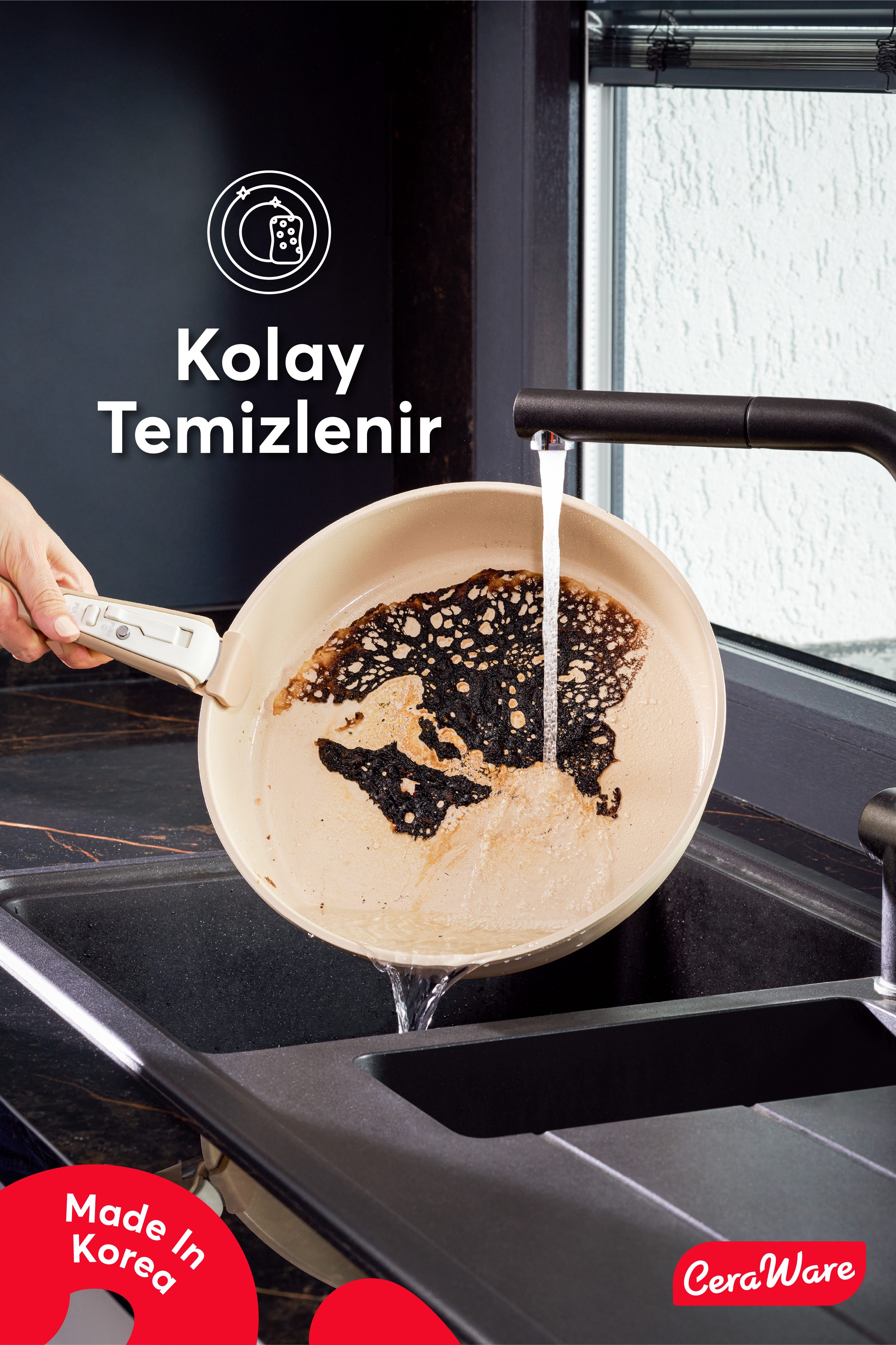 Ceraware Hona Made in Korea Seramik Yapışmaz Tencere Tava Seti 9 Parça Tak Çıkar Saplı İç İçe Geçebilen Set Bej