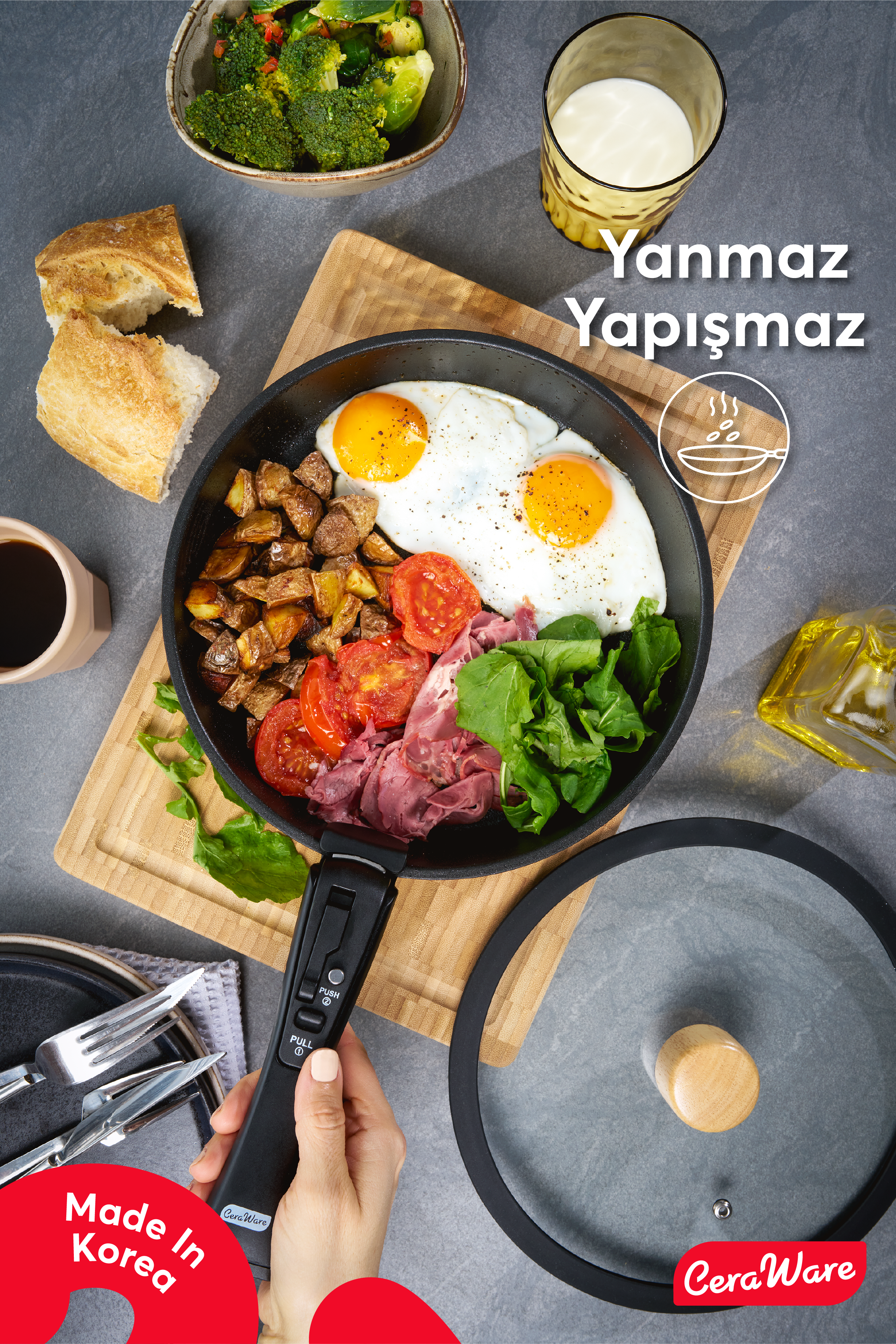 Ceraware Hona Made in Korea Seramik Yapışmaz Tencere Tava Seti 9 Parça Tak Çıkar Saplı İç İçe Geçebilen Set Siyah