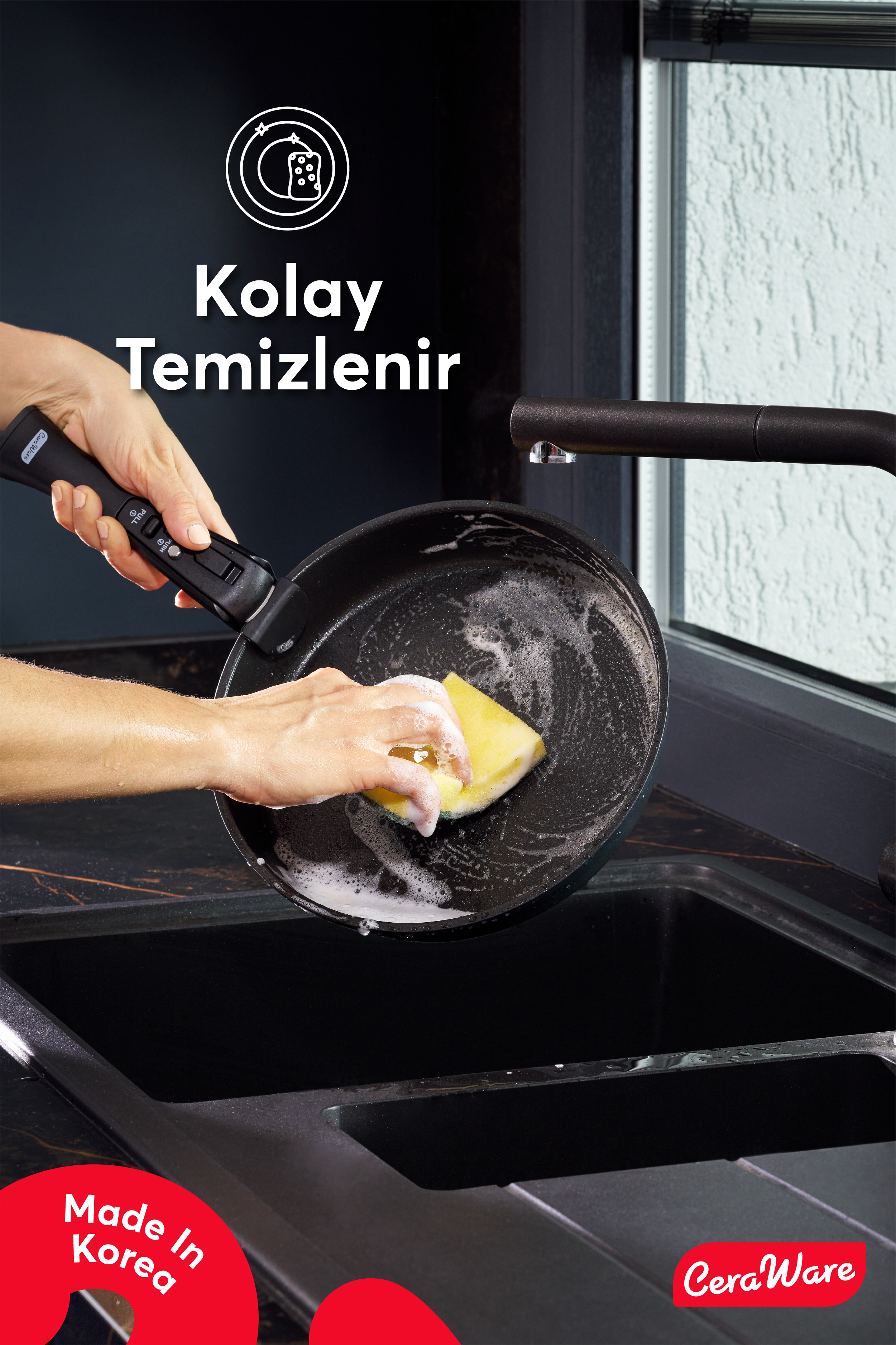 Ceraware Hona Made in Korea Seramik Yapışmaz Tencere Tava Seti 9 Parça Tak Çıkar Saplı İç İçe Geçebilen Set Siyah