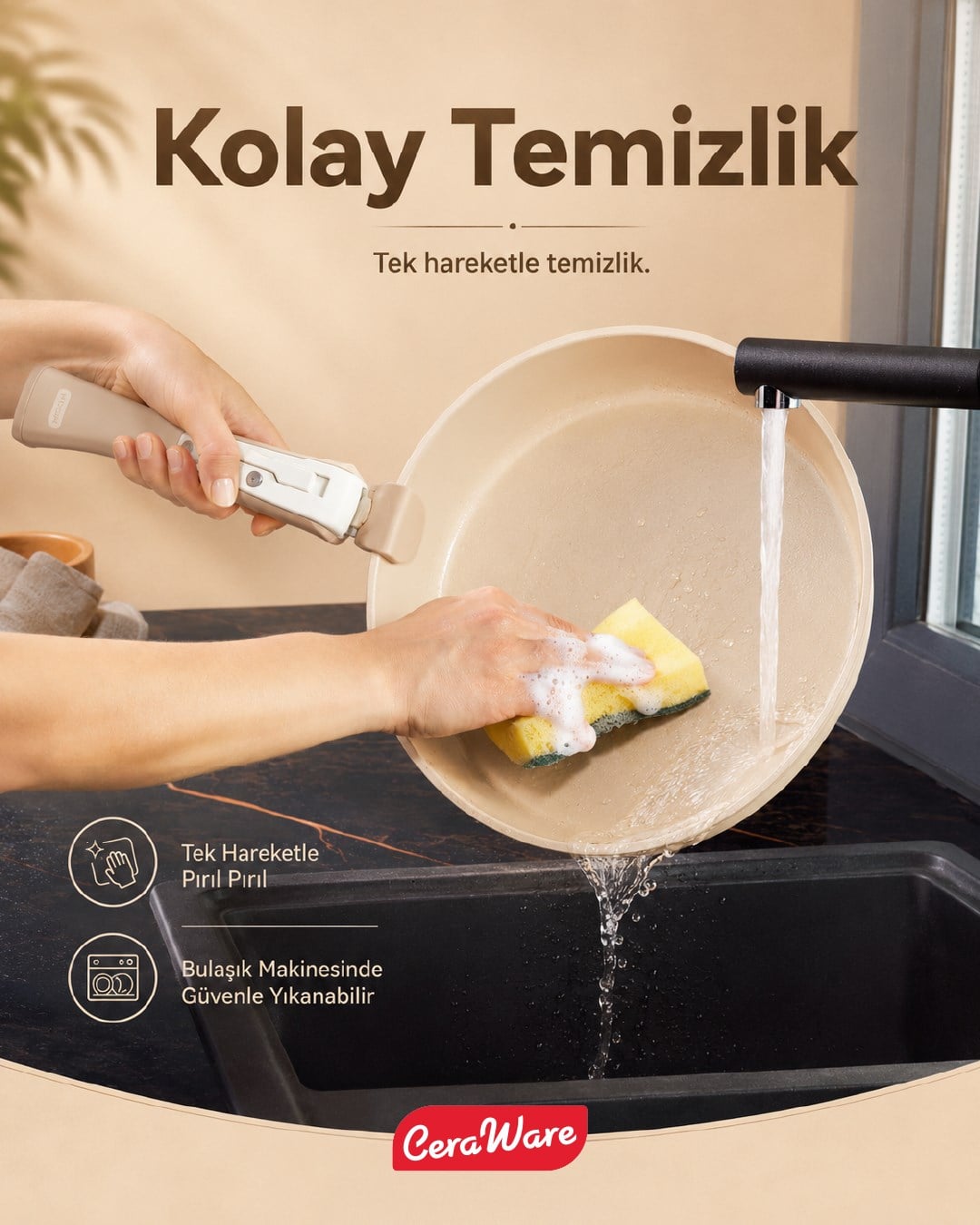 Ceraware Hona Made in Korea Seramik Tencere Tava Seti 14 Parça Sapı Çıkabilen İç İçe Geçen Mutfak Seti Bej