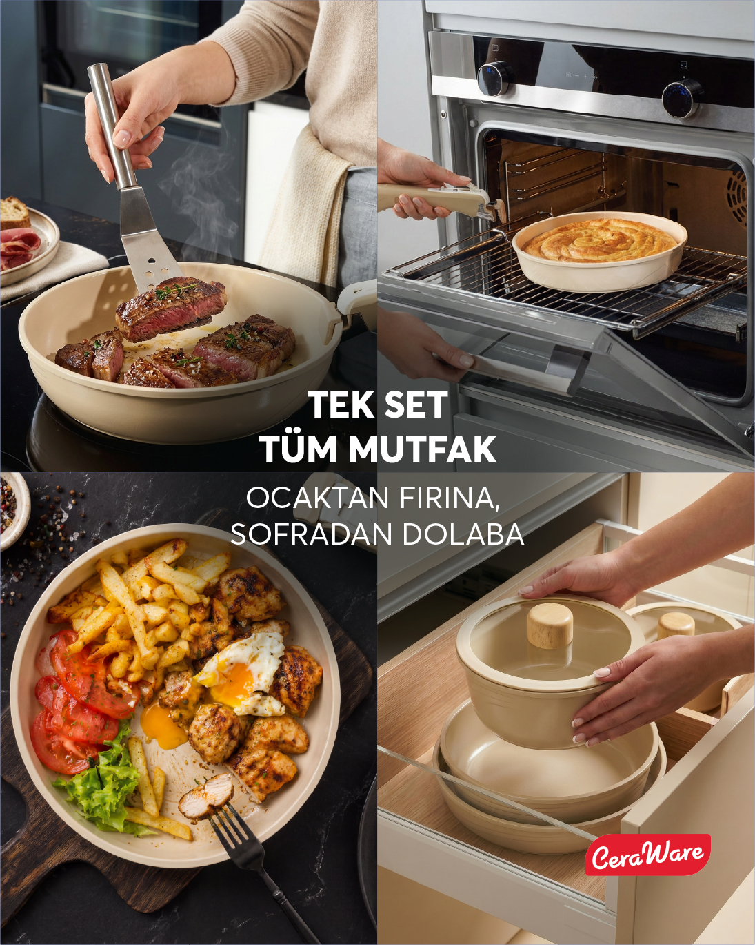 Ceraware Hona Made in Korea Seramik Yapışmaz Tencere Tava Seti 9 Parça Tak Çıkar Saplı İç İçe Geçebilen Set Bej