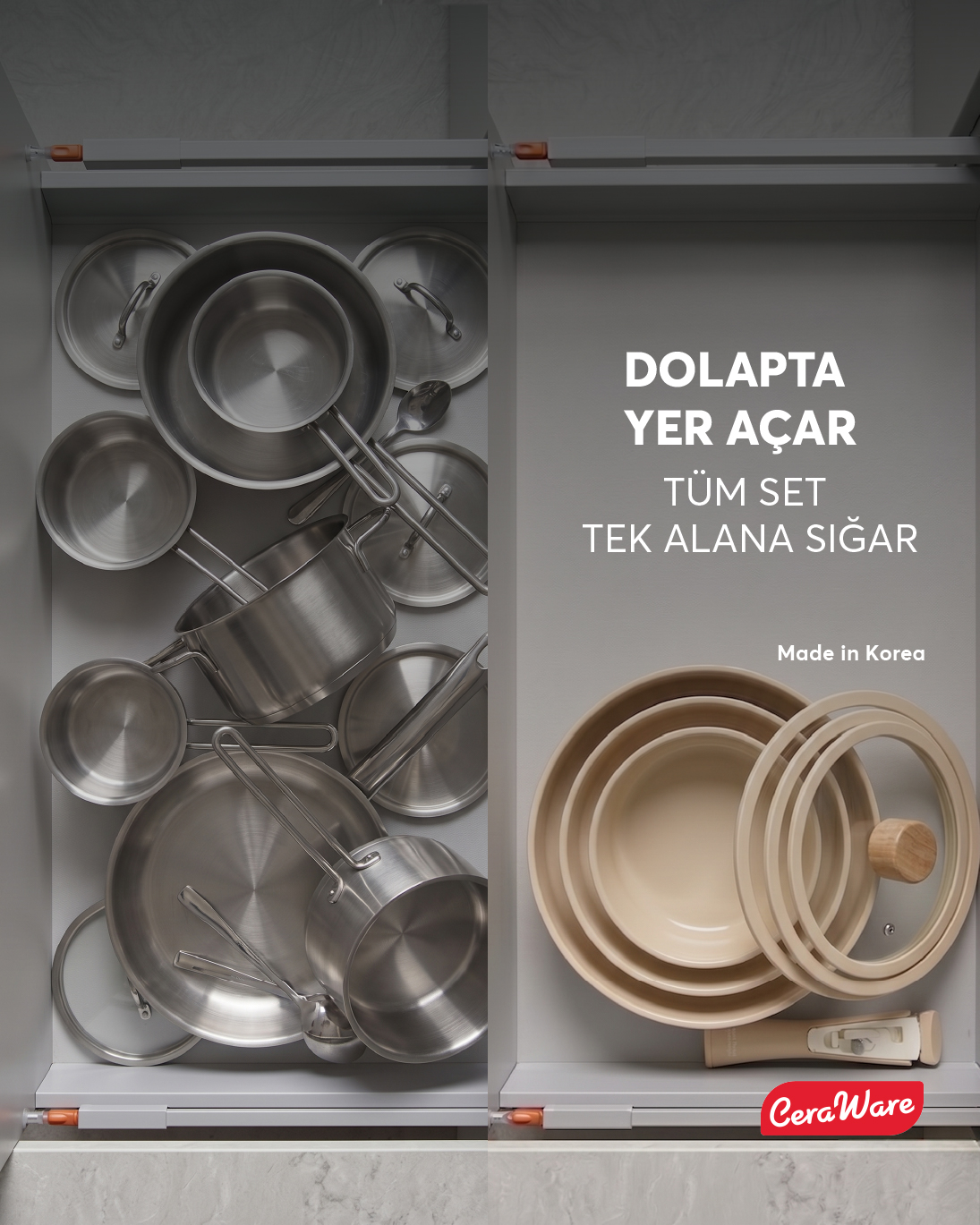 Ceraware Hona Made in Korea Seramik Yapışmaz Tencere Tava Seti 9 Parça Tak Çıkar Saplı İç İçe Geçebilen Set Bej