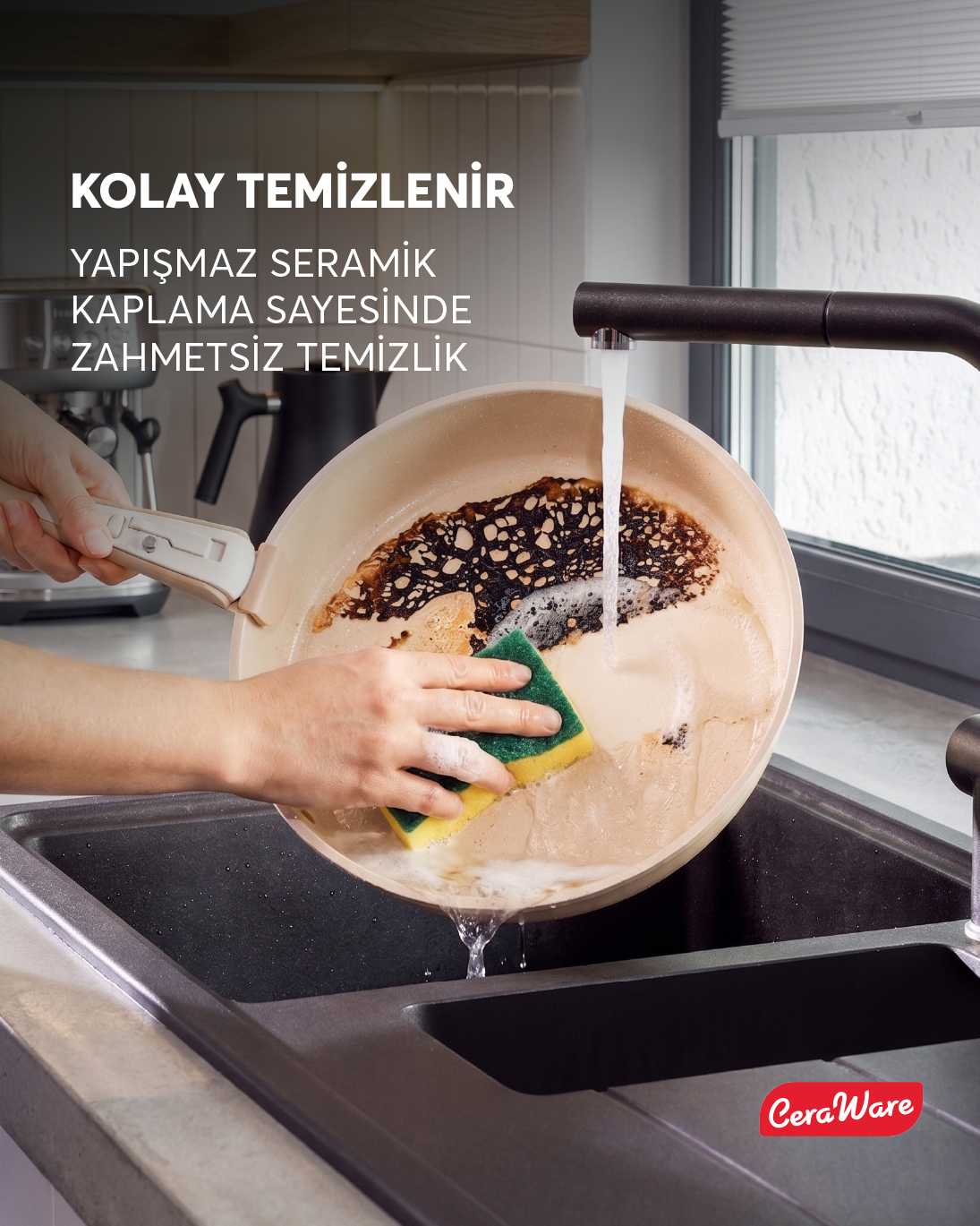 Ceraware Hona Made in Korea Seramik Yapışmaz Tencere Tava Seti 9 Parça Tak Çıkar Saplı İç İçe Geçebilen Set Bej