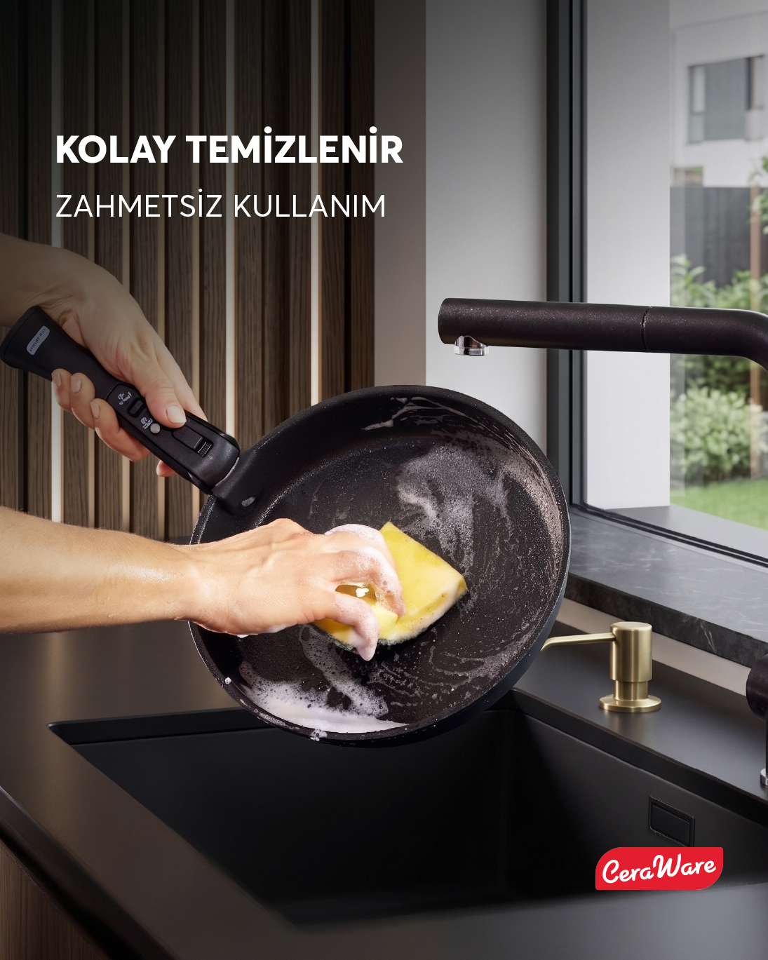 Ceraware Hona Made in Korea Seramik Yapışmaz Tencere Tava Seti 9 Parça Tak Çıkar Saplı İç İçe Geçebilen Set Siyah
