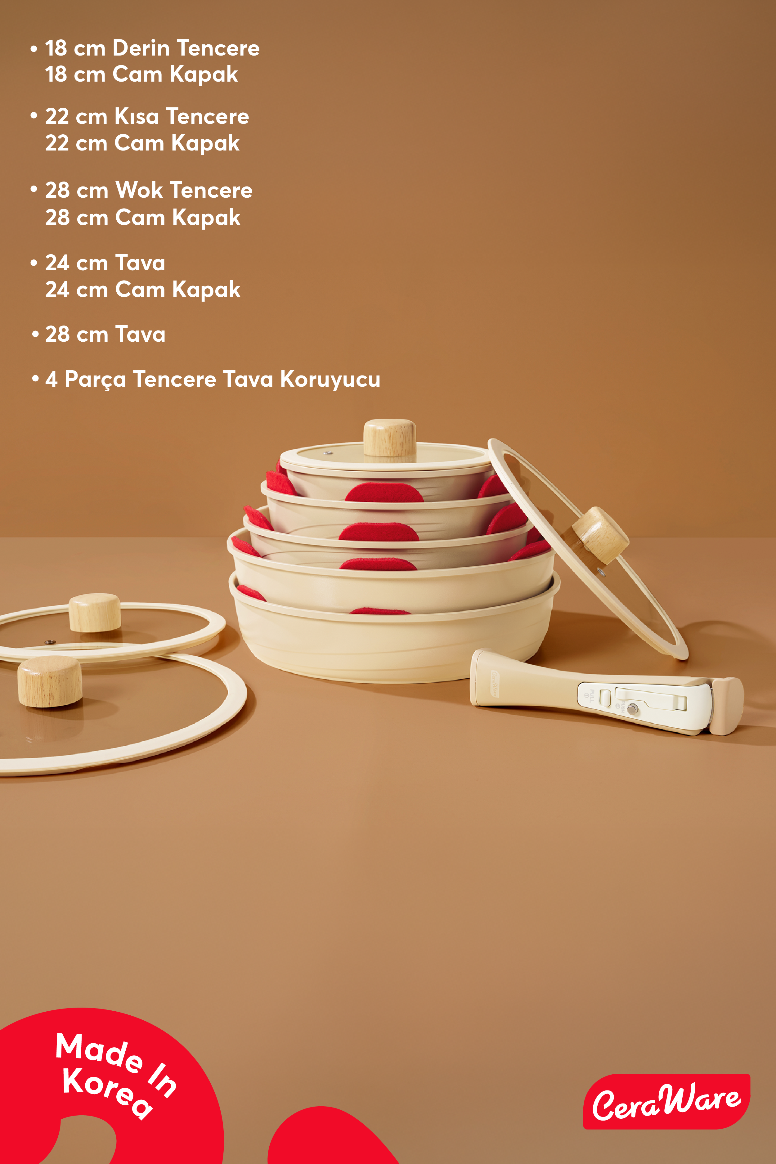 Ceraware Hona Made in Korea Seramik Tencere Tava Seti 14 Parça Sapı Çıkabilen İç İçe Geçen Mutfak Seti Bej