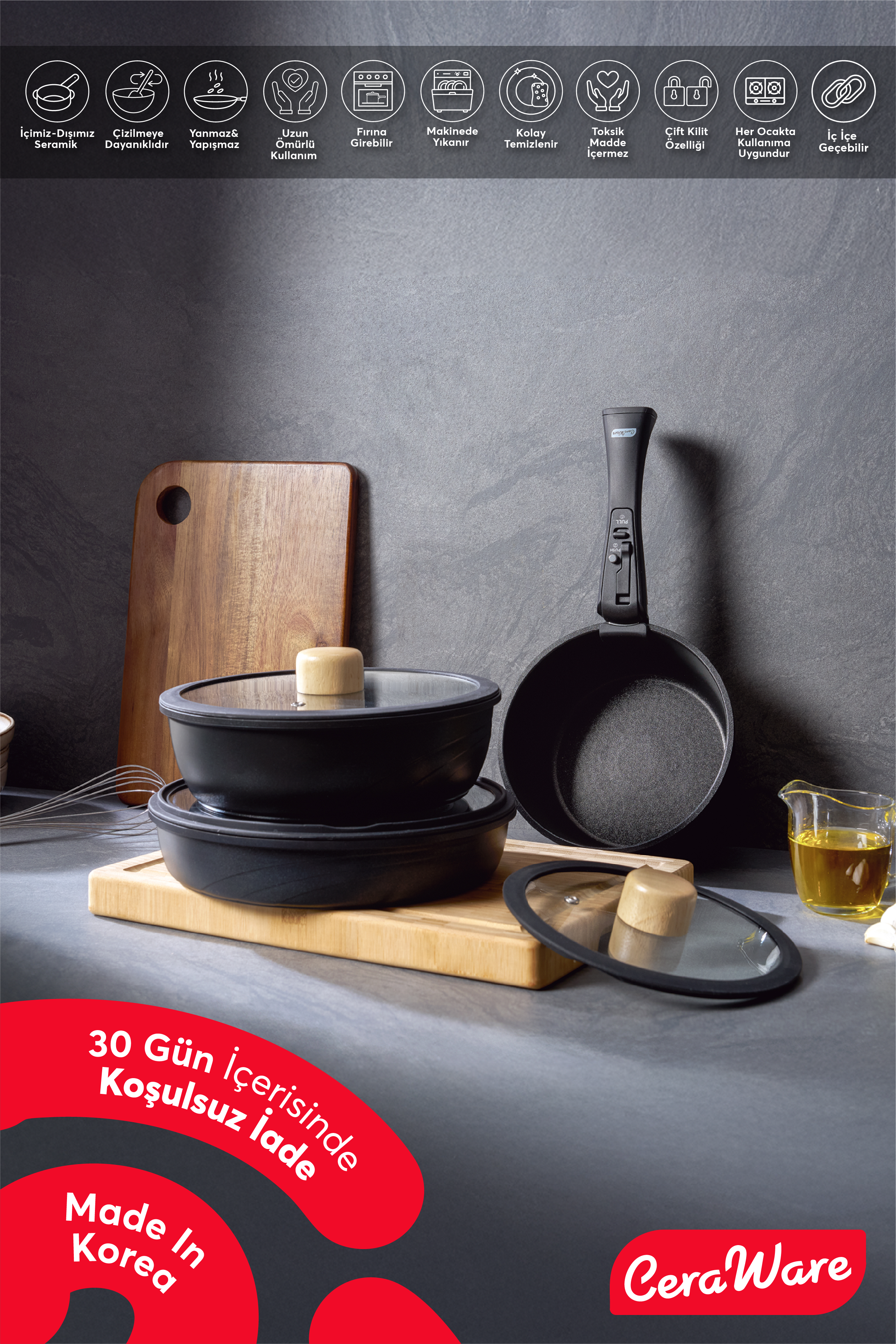 Ceraware Hona Made in Korea Seramik Tencere Tava Seti 14 Parça Sapı Çıkabilen İç İçe Geçen Mutfak Seti Siyah