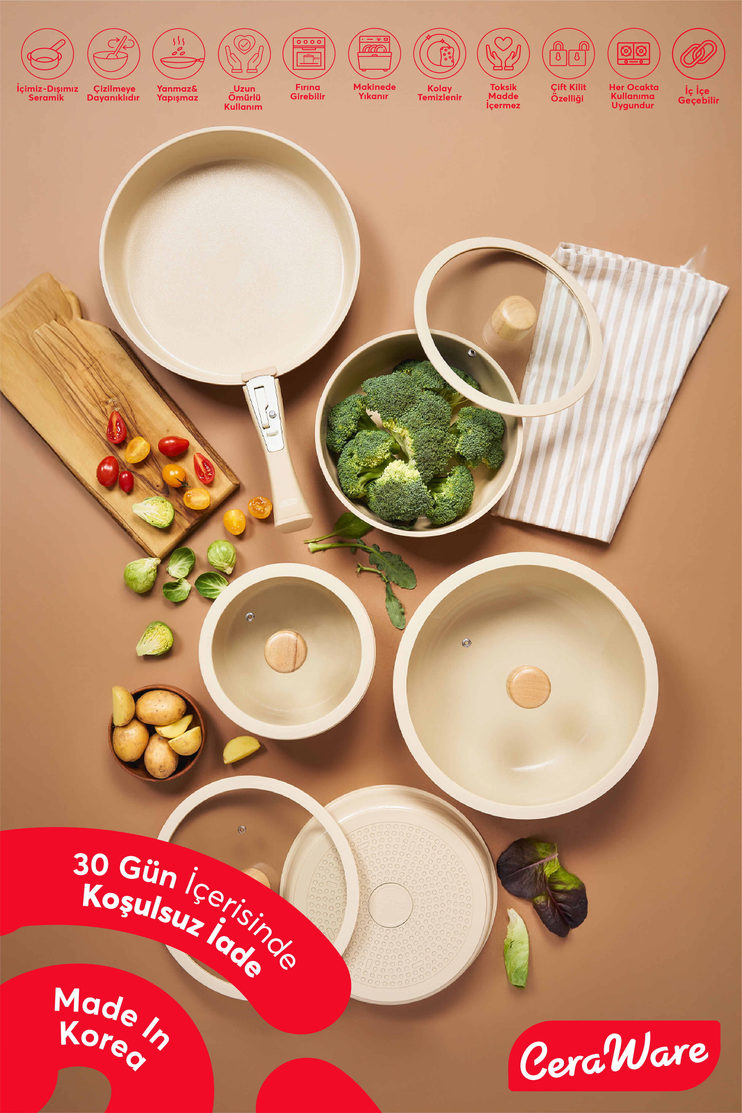 Ceraware Hona Made in Korea Seramik Tencere Tava Seti 14 Parça Sapı Çıkabilen İç İçe Geçen Mutfak Seti Bej