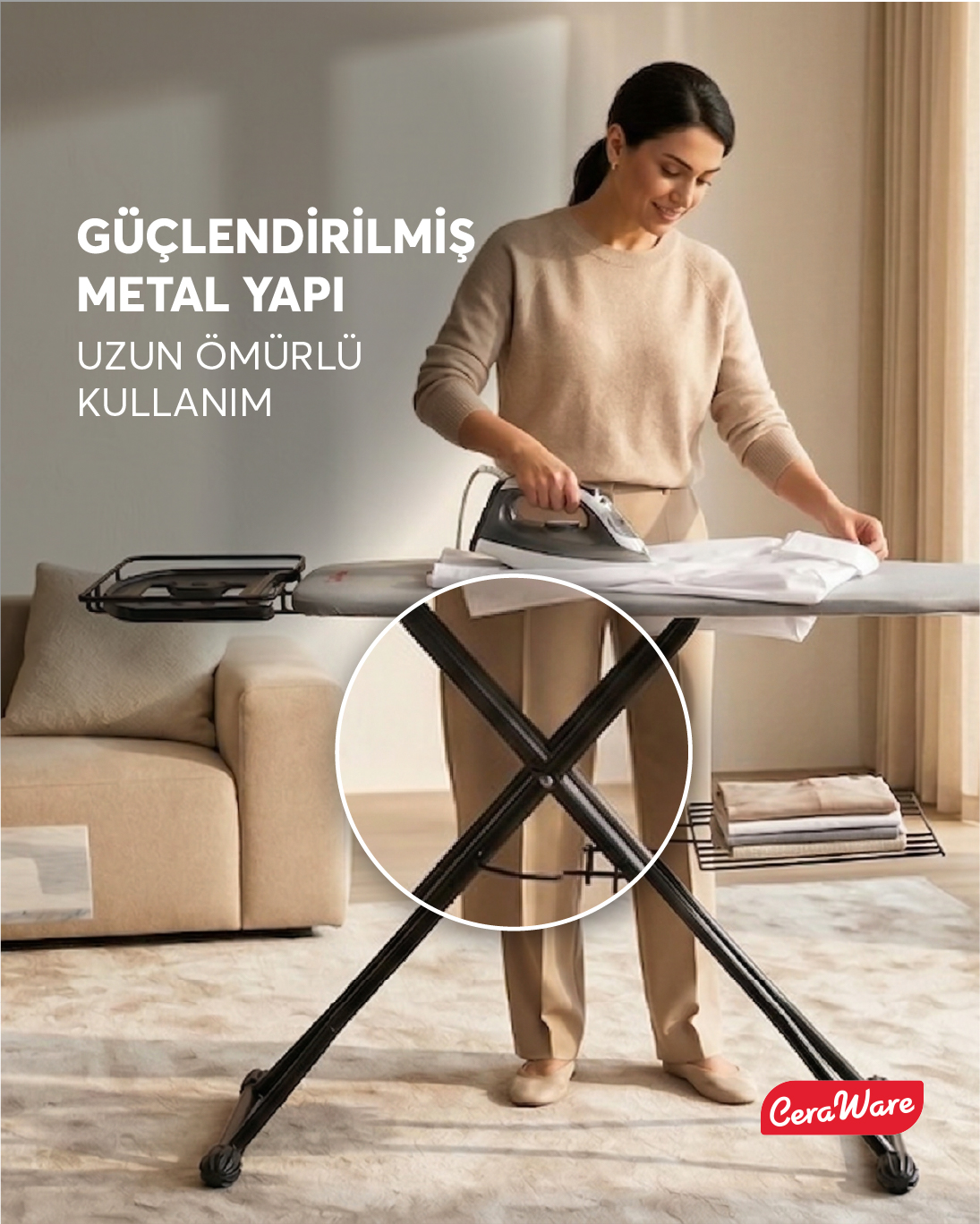 Ceraware Nero Premium Ütü Masası Sallanmaz StabilBase Sistem Kalın Boru Büyük Boy Profesyonel Ütü Deneyimi