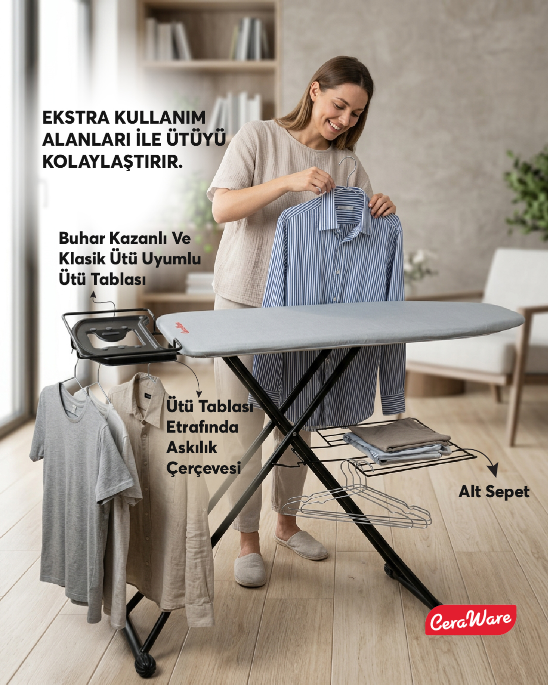 Ceraware Nero Premium Ütü Masası Sallanmaz StabilBase Sistem Kalın Boru Büyük Boy Profesyonel Ütü Deneyimi