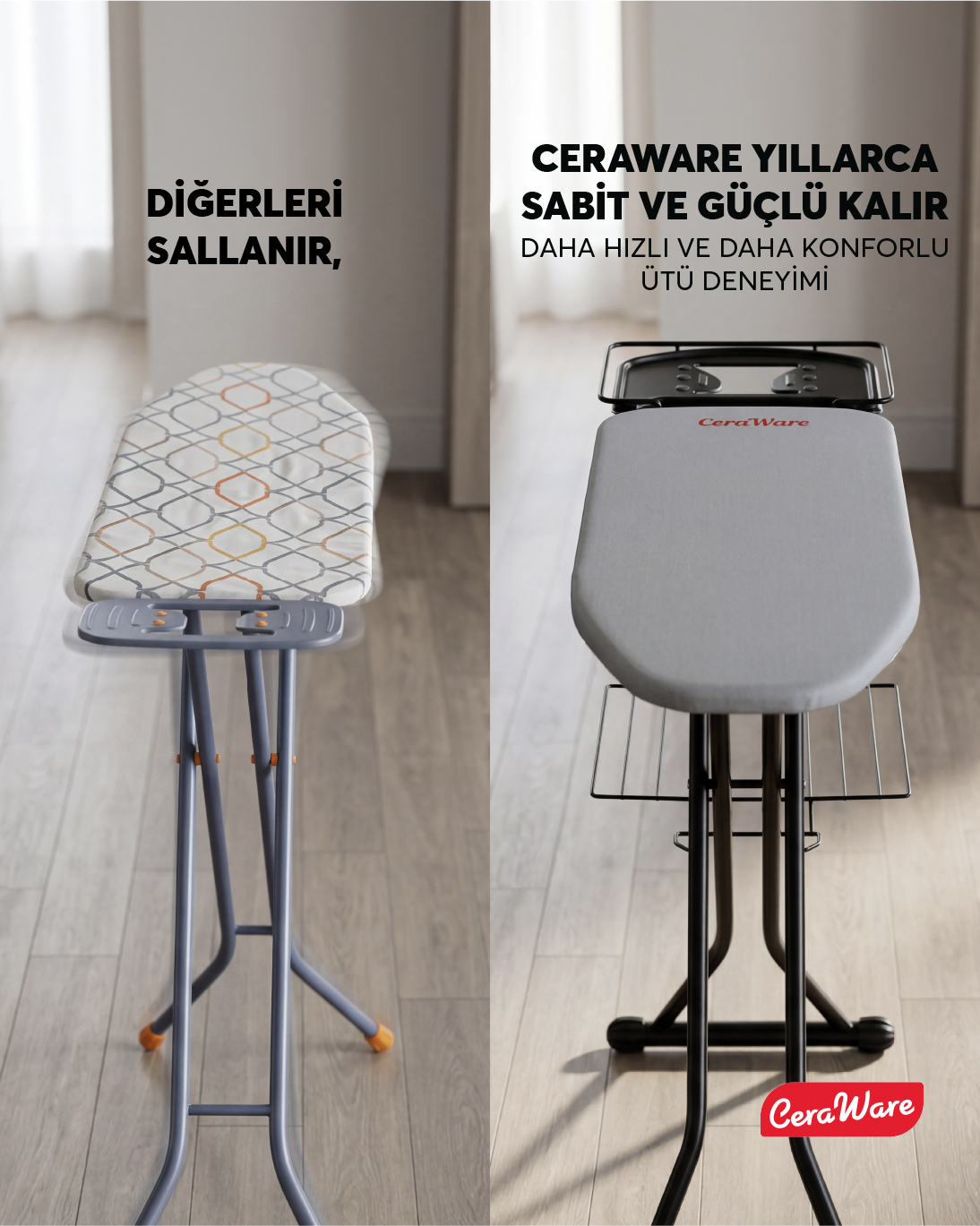 Ceraware Nero Premium Ütü Masası Sallanmaz StabilBase Sistem Kalın Boru Büyük Boy Profesyonel Ütü Deneyimi