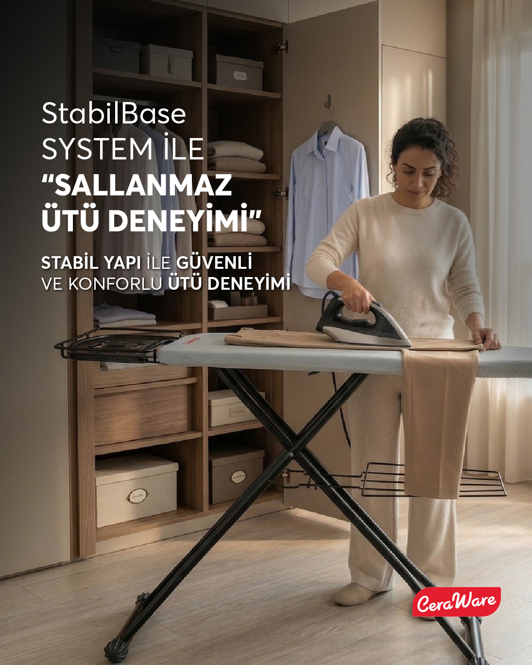 Ceraware Nero Premium Ütü Masası Sallanmaz StabilBase Sistem Kalın Boru Büyük Boy Profesyonel Ütü Deneyimi